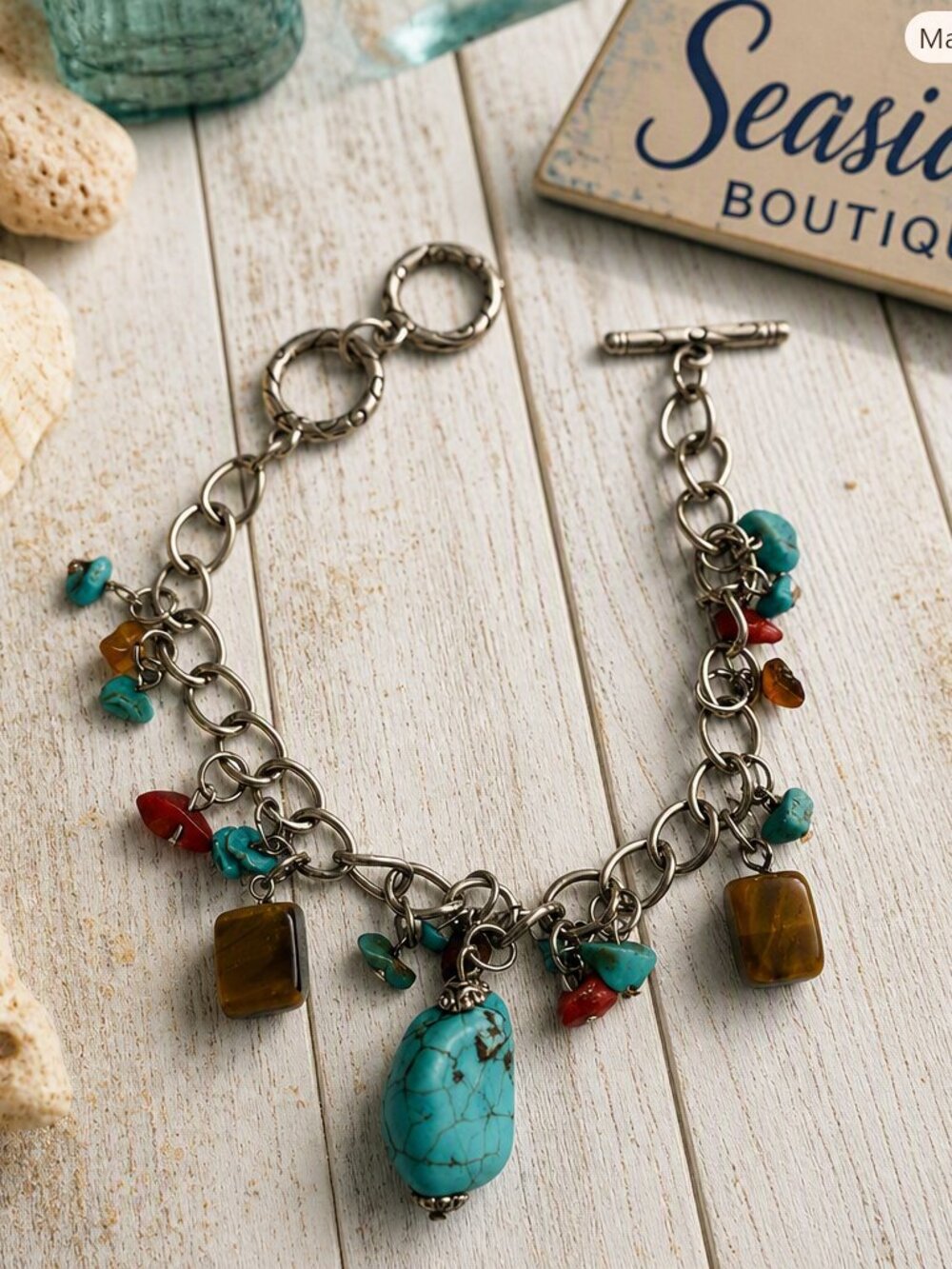 Turquoise, Tiger Eye & Jasper Stone Toggle Bracelet 8”-9”